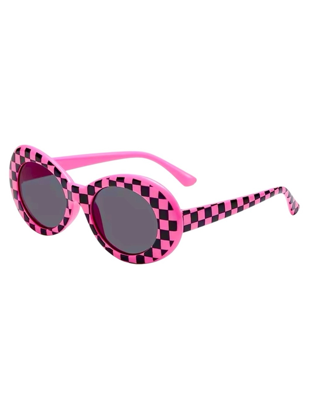 60s Pink & Black Checkerboard Oval Sunglasses | Retro UV400 Festival